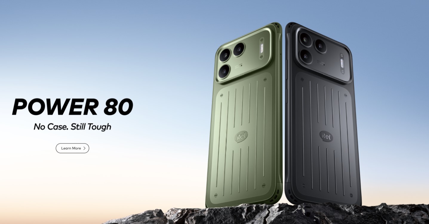 itel POWER 80 (P80) promotional image showing green and black phones